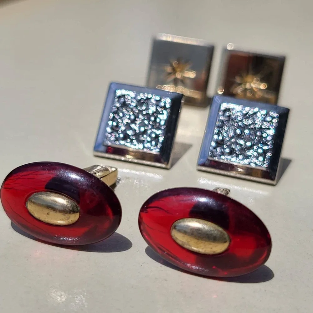 Vintage Mixed Metal Resin Cufflinks Lot Gold Silver Red Starburst Textured